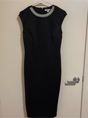 Spense Black Sheath Dress Size 4 Faux Pearl Embellished Neckline Womens Cocktail